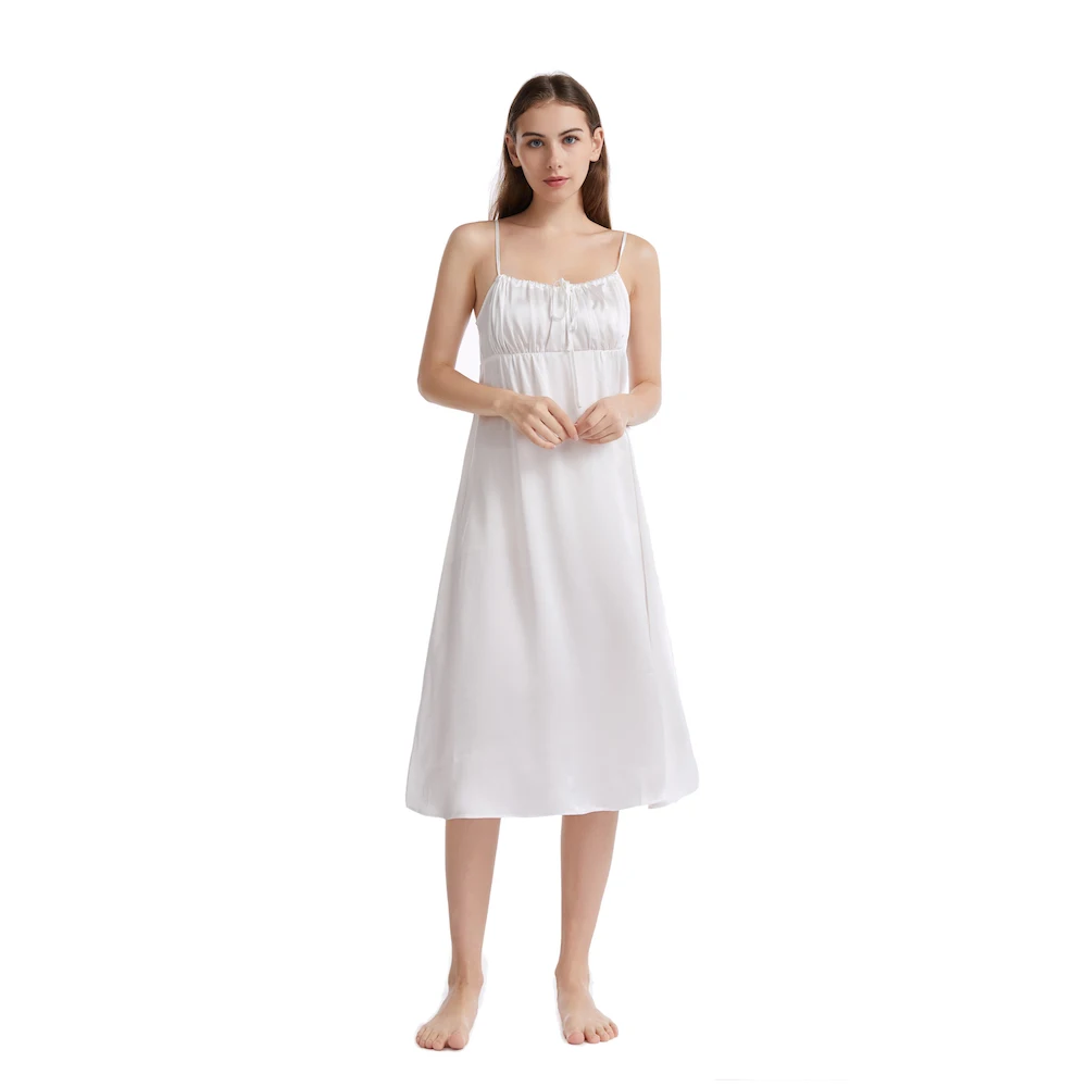 

CISULI 100% Pure Silk Nighgown Dress Women Sleepwear Exclusive 2022SS New White Color