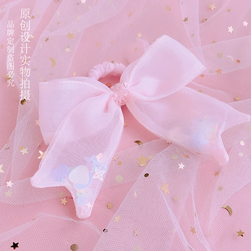 Pink Cherry Blossom Hair Ring Quicksand Chiffon Bow Hair Accessories Girly Girl Sweet Lolita Bow JK Double Ponytail