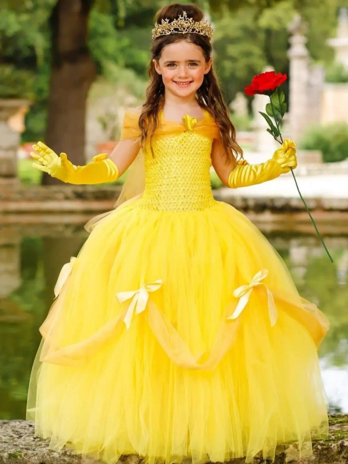 Girls Yellow Bella Tutu Dress Kids Vintage Tulle Dress Ball Gown with Long Gloves Children Cosplay Party Costume Princess Dress