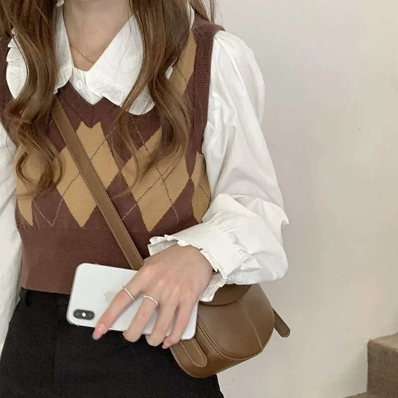 Thời Trang Áo Len Dệt Kim Áo Vest Nữ Crop Argyle Cổ Chữ V Cao Cấp Thu Đông Retro Nữ Ulzzang Sang Trọng Ins Tất Cả Trận Đấu Ngọt Ngào