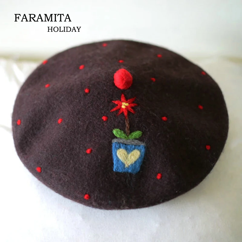 Faramita Holiday Little Flowers Women Kids Wool Felf Berets French Beret 2019 New Autumn Handmade Manual Painter Hats Hesdwear