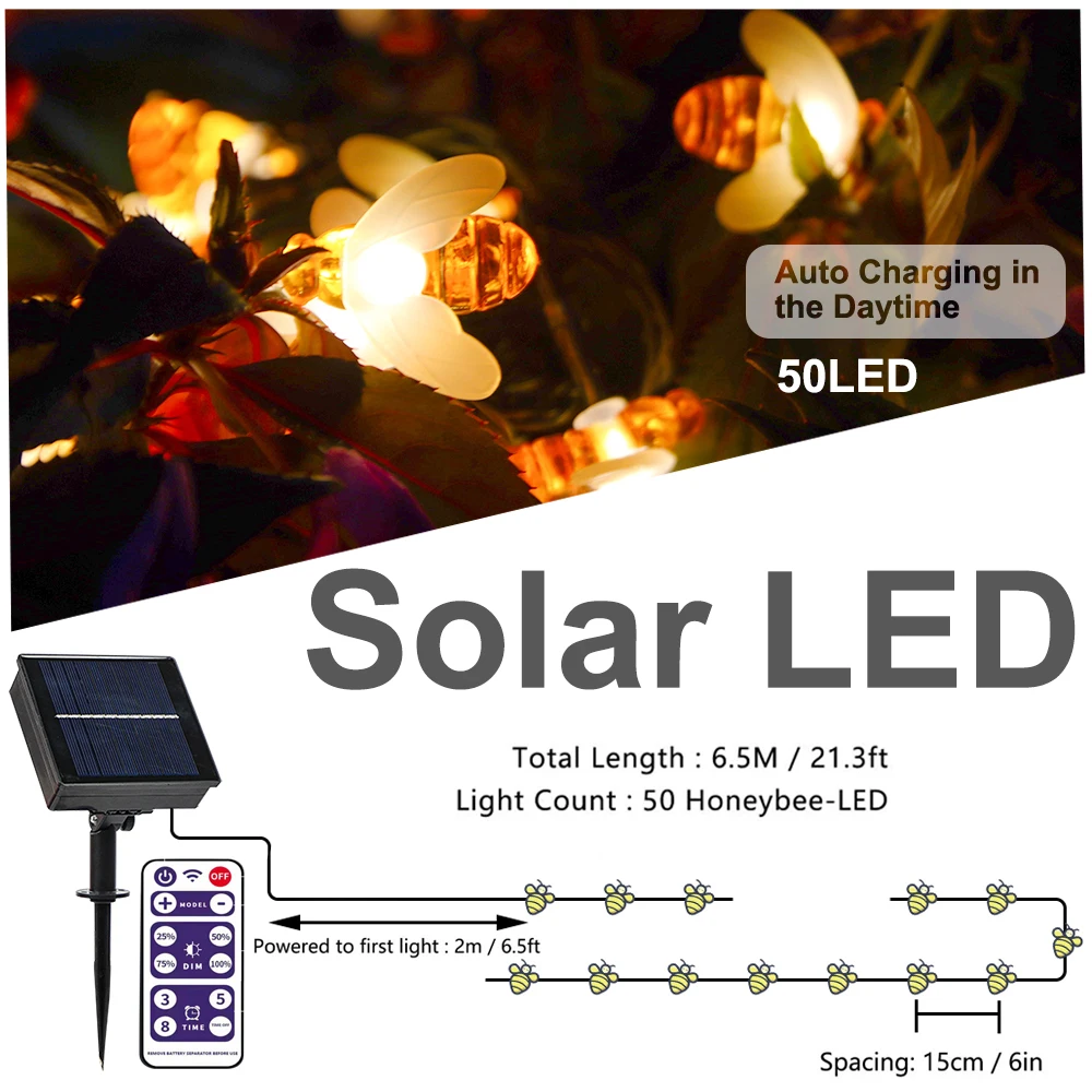 50 LED 10M Simulation Honey Bees Solar Power String Lamp Battery Garlands Fairy Lights Garden Christmas Holiday Decor Outdoor