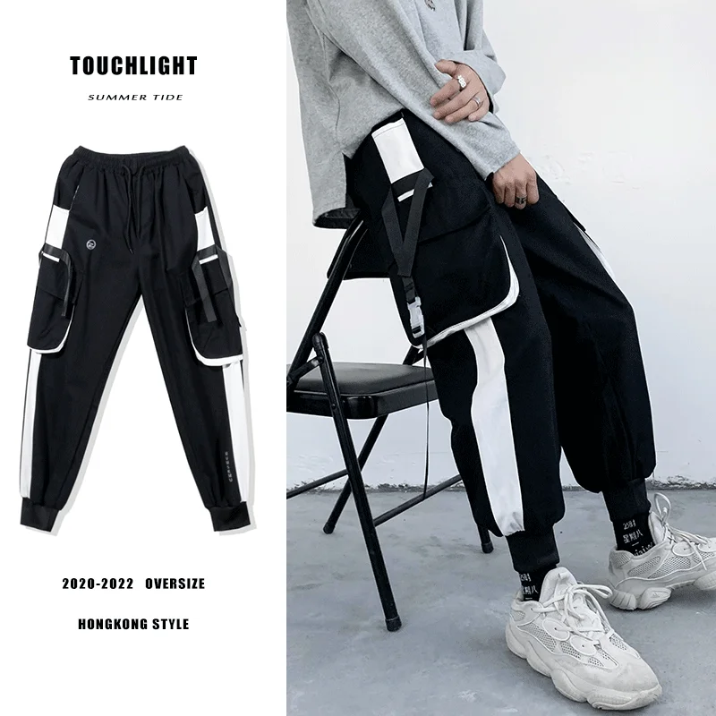 Summer Cargo Pants Mens Ribbon Beam Feet Korean Version Fashion Loose Street Hip-hop Harem Pants Bib Overall  Joggers Sweatpants