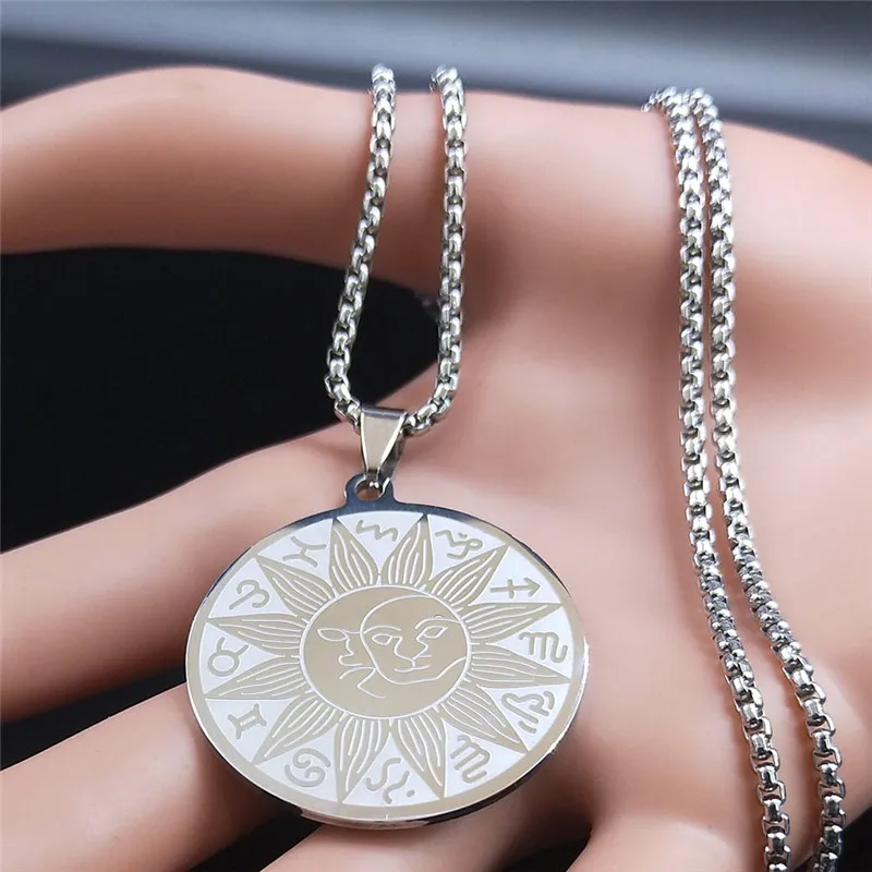 قلادة سلسلة نجمية من الفولاذ المقاوم للصدأ ، 12 كوكبة ، الشمس والقمر ، مجوهرات بلون فضي ، علامة زودياك ، 3425-QKC #2
