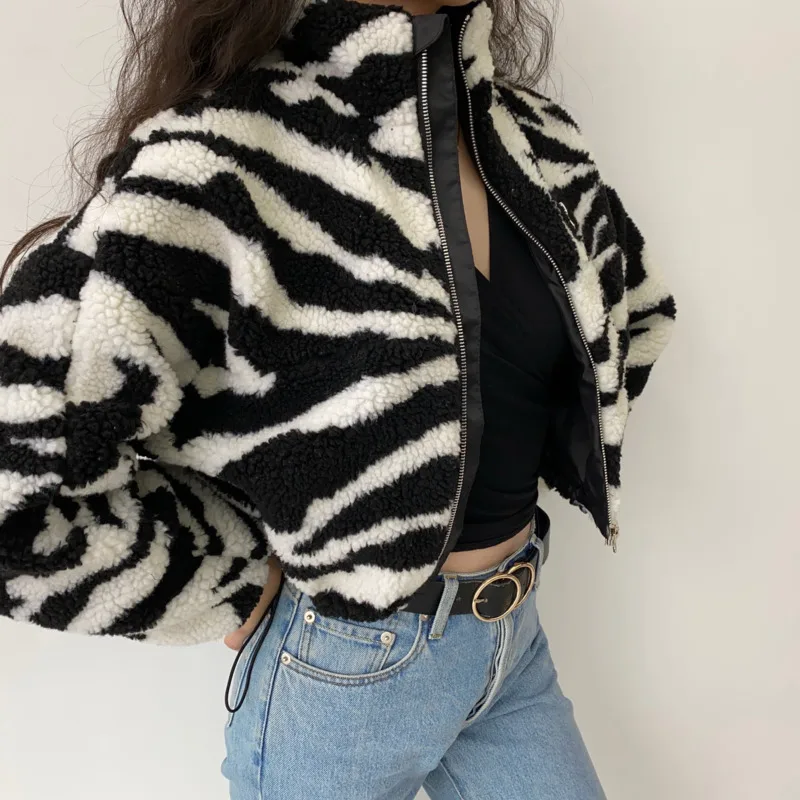 Manteau en laine d'agneau à manches longues, fermeture éclair, en peluche, veste courte chaude, col montant, zèbre, Streetwear, Vintage, hiver