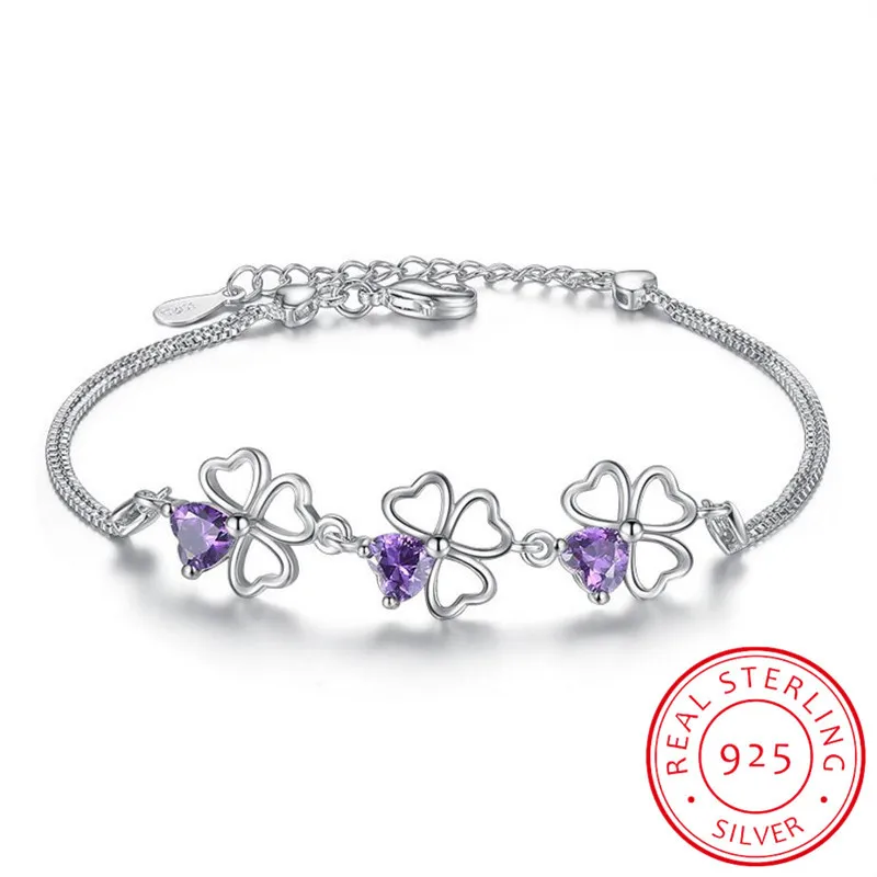 REAL 925 Sterling Silver Lucky Four Leaf Clover Charm Bracelet Purple Crystal Link Chain Bracelet for Women Original Jewelry