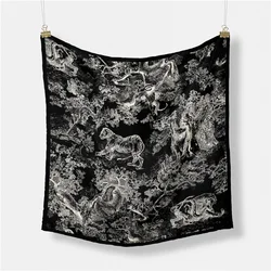 Twill Silk Scarf Woman Animals Trees Print Square Scarves Wraps Bandana Small Hijab Foulards Lady Tie Headband Neckerchief 53CM