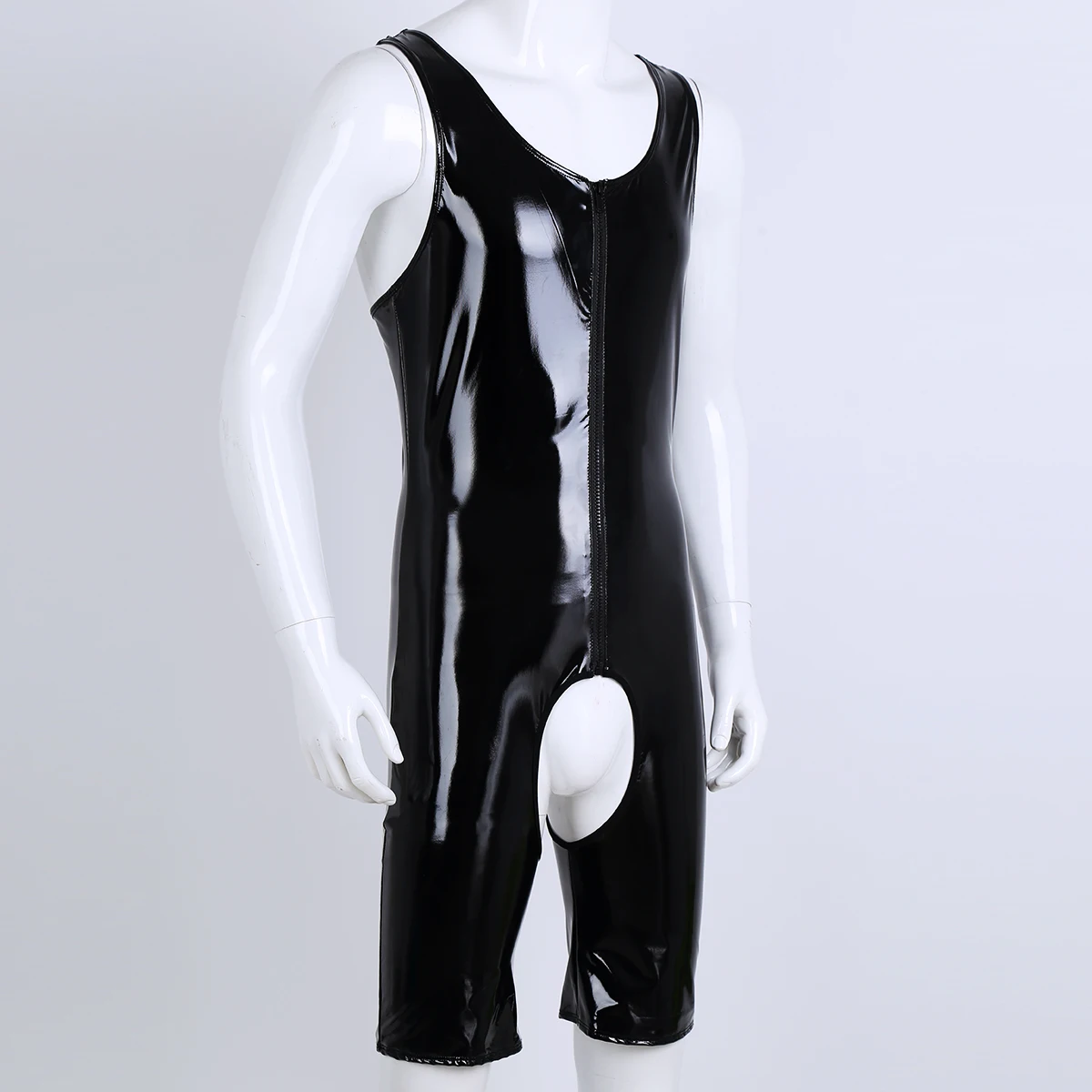 Sexy Mens Singlet Wetlook Patent Leather One-piece Sleeveless Front Zipper Crotchless Singlet Boxer Leotard Bodysuit Underwear