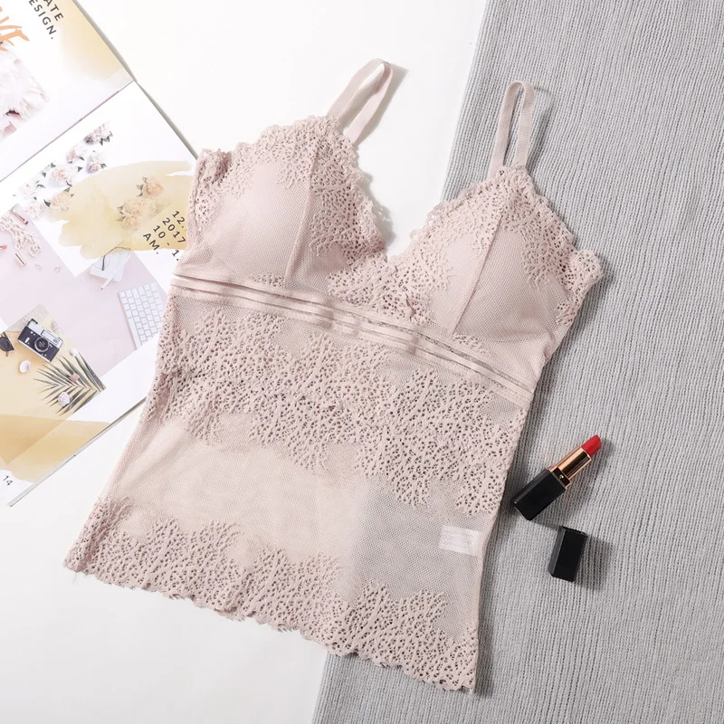 Transparent Lace Tops Women Tank Top Sexy Lingerie Deep V Beauty Back Tanks Sexy See Through Underwear Padded Camisole Femme