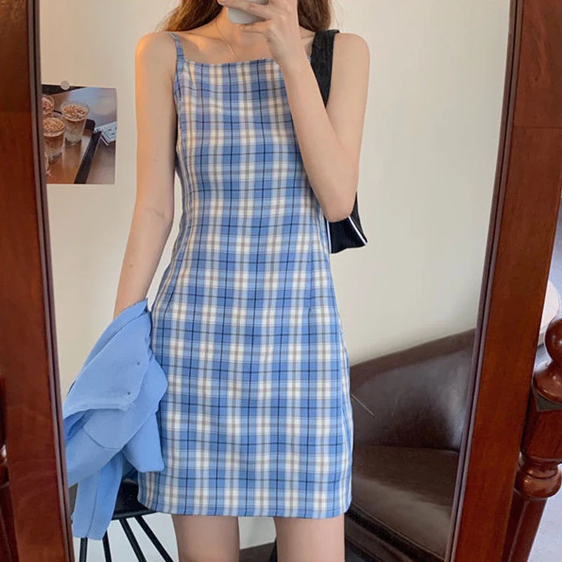 Plaid Italian thin shoulder sling square neck sexy slim fitting pencil skirt 2021 summer new retro Plaid print Party Club Dress