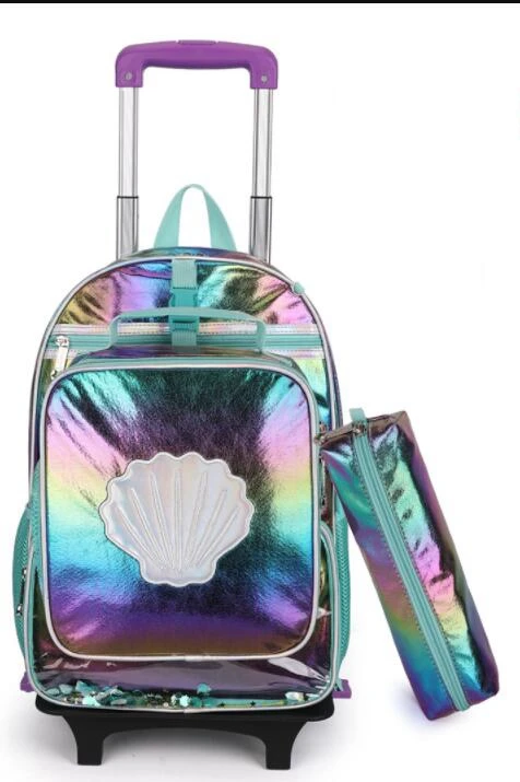 Carrinho escolar com lancheira para meninas, conjunto de mochila com rodas para estudante