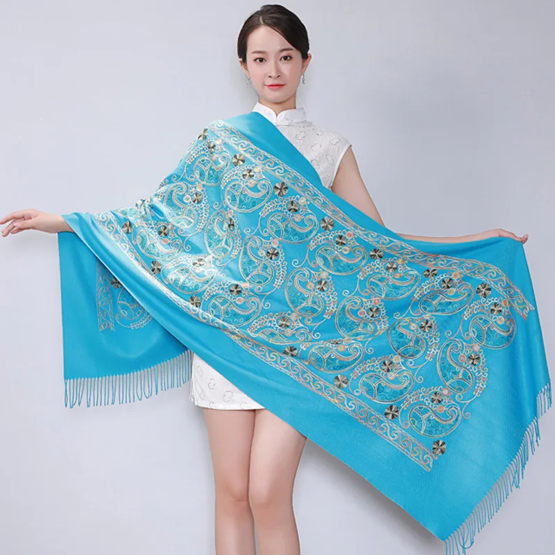 

Scarf All-match New Winter Warm Lady Soft Wool Pashmina Shawls Flower Embroidery Cashmere-Like Female Wraps Capes Luxury Brand