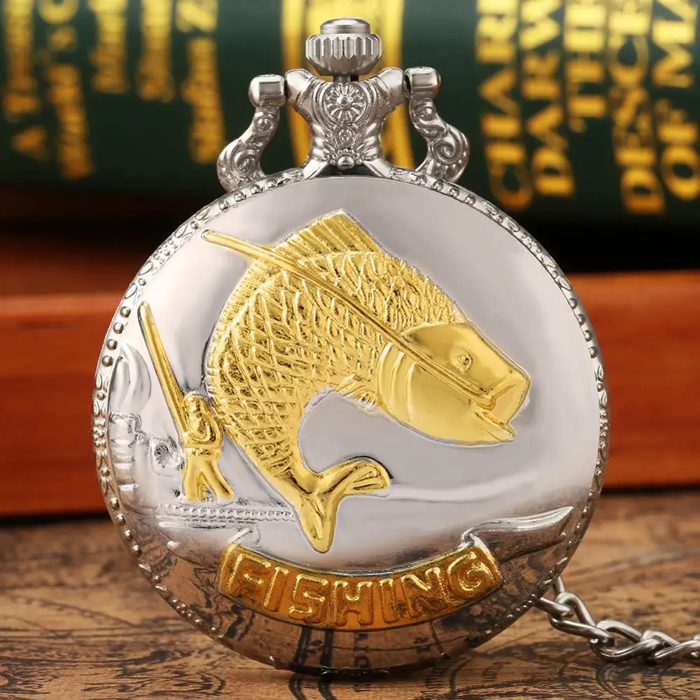 Luxury Fishing Design Quartz Pocket Watch Fob Gold Fish Pendant Clock Full Hunter 30cm Rough Chain Pocket Gifts for Mens reloj