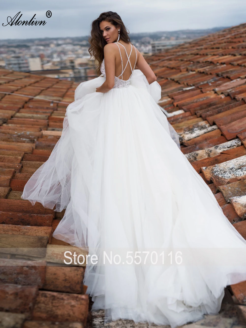 Alonlivn Chic Tulle Backless Strand Trouwjurk Spaghettibandjes Kralen Kristallen Parels Bruidsjurken