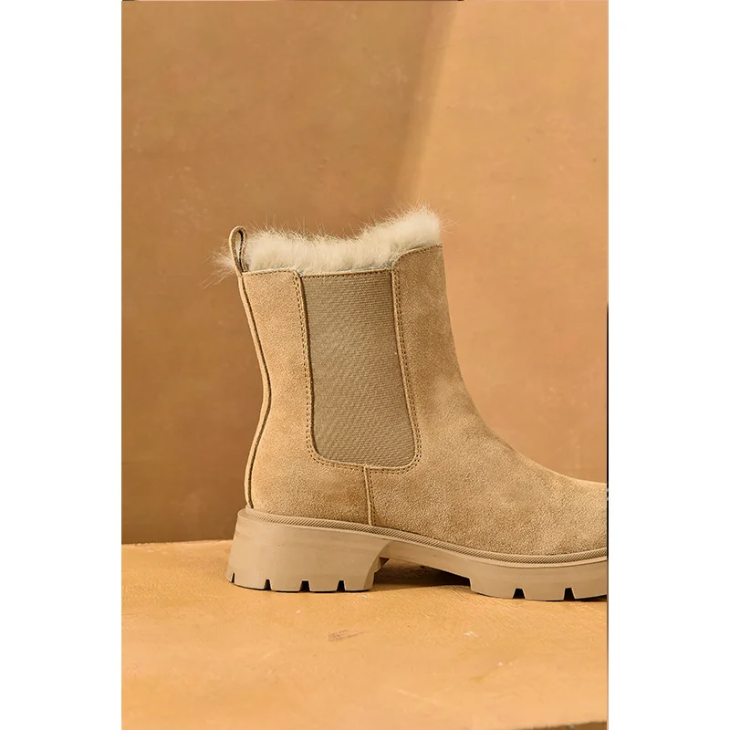 BeauToday Snow Chelsea Boots Women Suede Leather 2022 Hot latform Fur Boots Round Toe Ladies Warm Winter Shoes Handmade C08206