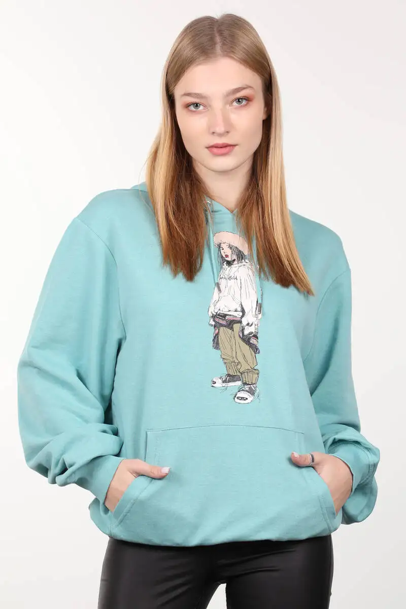 Ice Green Printed Hooded Oversize Women Sweatshirts