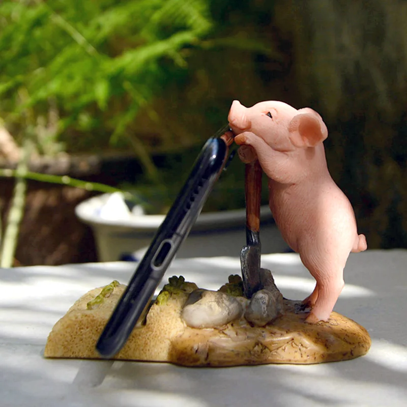 Cute Piggy Phone Stand Penholder Mobile Phone Holder for iPhone iPad Resin Pig Figurine Phone Accessories for Home Decoration