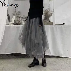 Gothic Gray Tulle Long Irregular Pleated Skirts Elastic High Waist A-Line Mesh Midi Skirts Vintage Punk Streetwear Streetwear