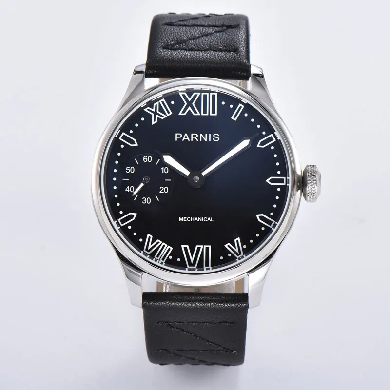 

New PARNIS 44mm Hand-winding Men's Wristwatch black dial ST3600 movement leather strap Roman numerals polished case pin clasp