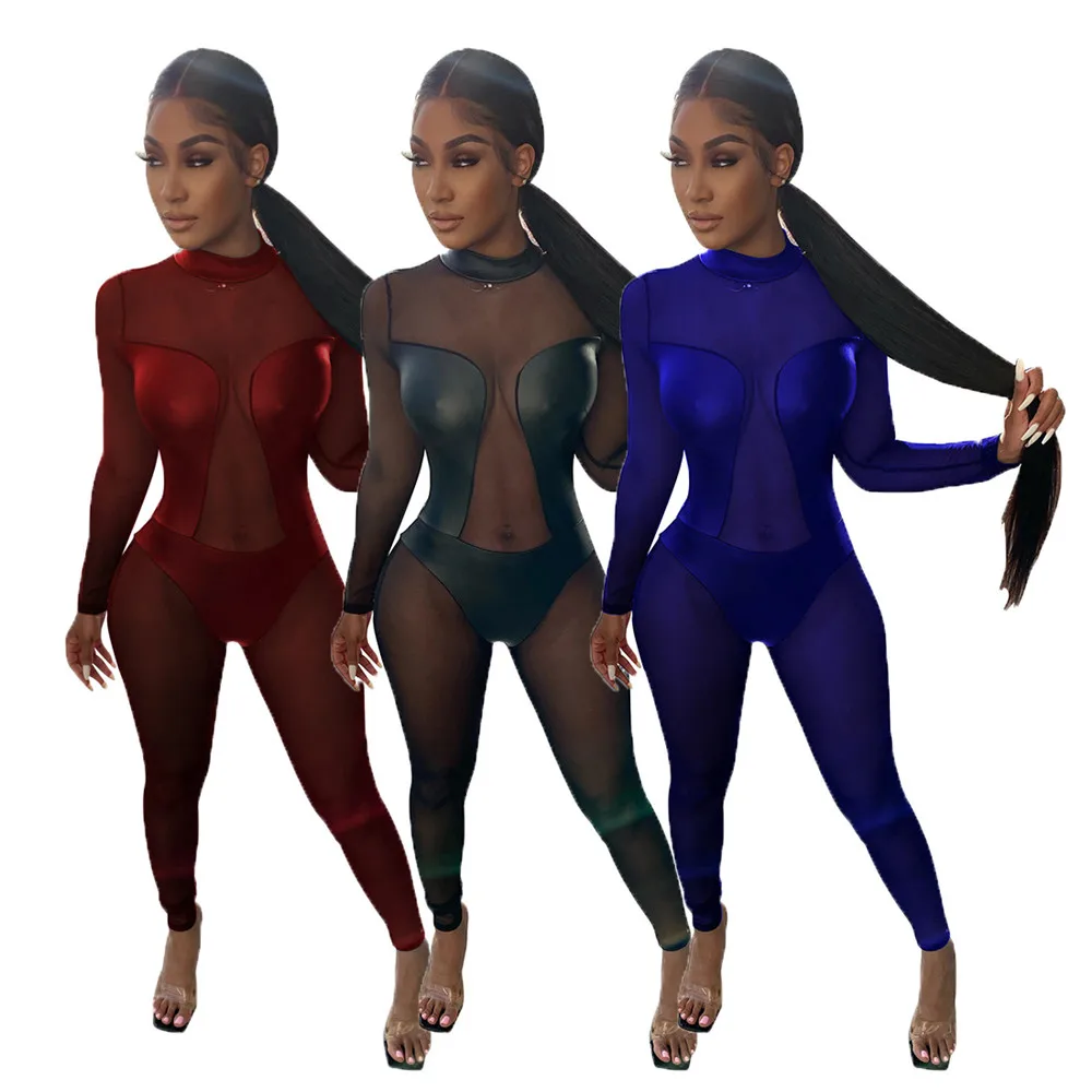 Pu Lederen Patchwork Mesh Jumpsuit Voor Vrouwen Bodycon Romper Lange Mouw See-Through Night Out Club Party Jumpsuit Body overalls