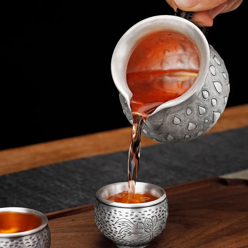 Silver cup sterling silver 999 points tea set hand-carved retro home Chinese sterling silver fair cup