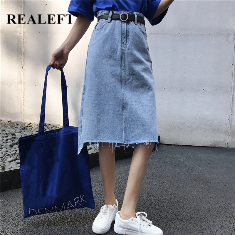 REALEFT Spring Summer 2020 New Blue Irregular Denim A-Line Wrap Skirts Double Pocket High Waist Casual Midi Skirts Womens