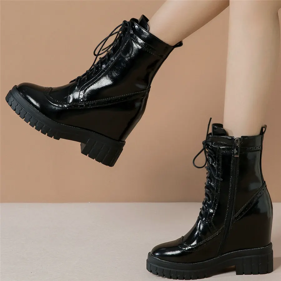 

High Top Platform Pumps Shoes Women Lace Up Genuine Leather High Heel Ankle Boots Female Round Toe Fashion Sneakers Casual Shoes