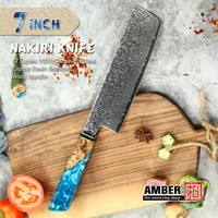 AMBER 7 inch Nakiri Knife 67 Layers VG10 Damascus Steel Kitchen Knives Expoxy Resin Stabilized Wood Handle Japanese Knife