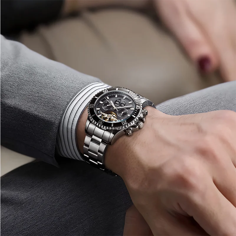 Ailang prawdziwy wielofunkcyjny męski zegarek duży zegarek mechaniczny automatyczny świetlny wodoodporny zegarek marki tide