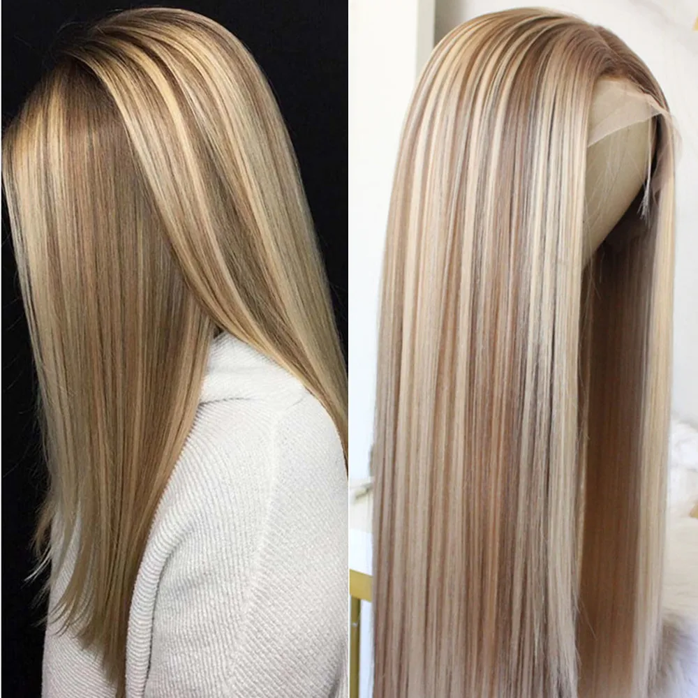 Peluca de cabello sintético con malla frontal para mujer, liso con pelo largo y parte media, fibra resistente al calor, color marrón y Rubio, 22\