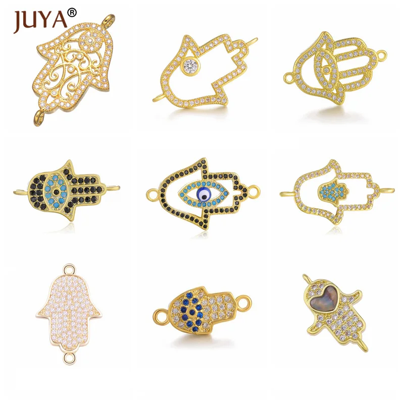 

Juya Series Copper Metal Inlay Zircon Hamsa Hand Charm Connectors Fatima Hand Jewelry Findings Accessories For Bracelets Making