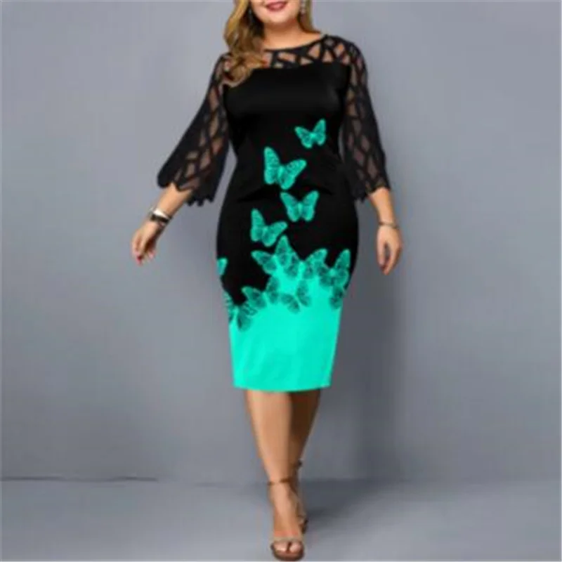 Oversize Digitale Gedrukt Lace Stiksels Jurk Vrouwen O-hals Losse Elegante Drie-Kwart Mouw Jurk Casual Plus Size Femme Jurk