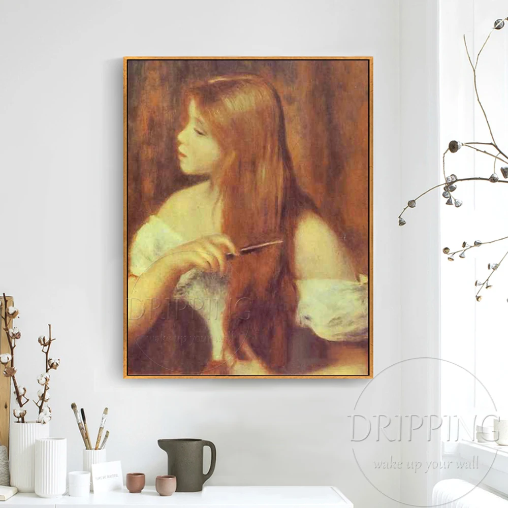 French Impressionists Young Girl Combing Her Hair Oil Painting Reproduce Pierre Auguste Renoir Oil Painting for Wall Decoration