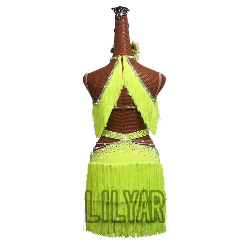 New Latin Dance Performance Dress Adult Custom Fluorescent Green Tassels Open Waist Sexy Design Dance Dress