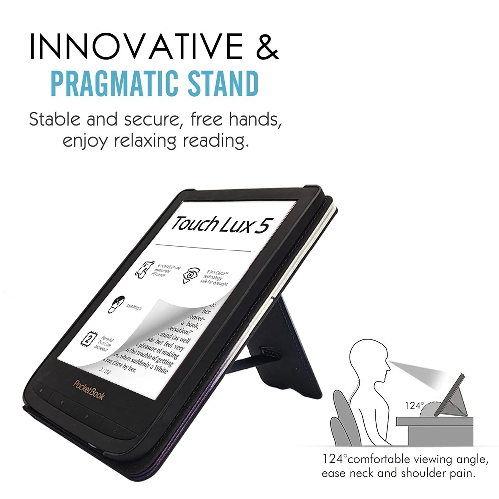 Stand Case for Pocketbook Color/Tonch HD 3/Touch Lux 5/4/Basic Lux 2/3 (PB606/616/617/627/628/632/633) - Sleep/Wake / Hand Strap