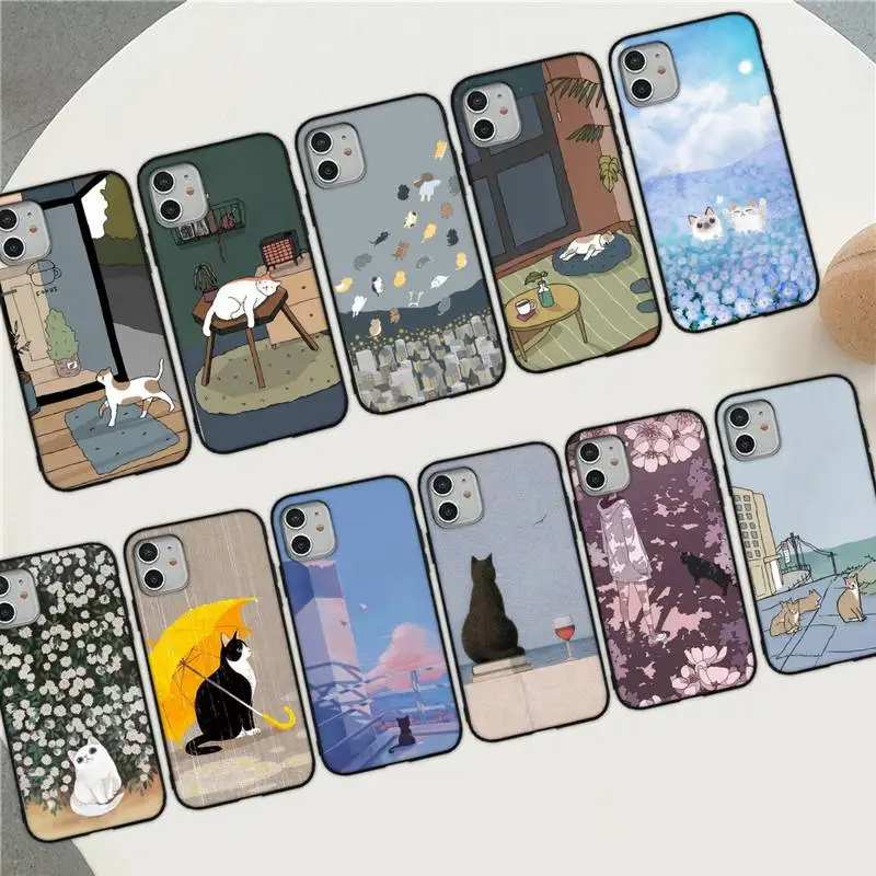 Retro Illustration Cute Japanese Cats Phone Case for iPhone 11 12 13 mini pro XS MAX 8 7 6 6S Plus X 5S SE 2020 XR cover