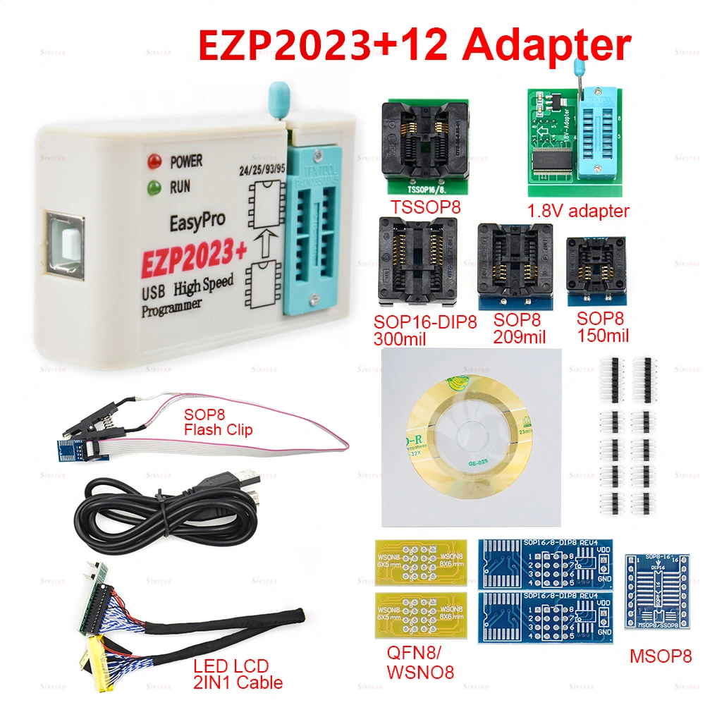 EZP2023 USB SPI Programmer Full Set with 15 Adapter Test Clip Sop8/16 Support 24 25 93 95 EEPROM Flash Bios Minipro CH554T Clip