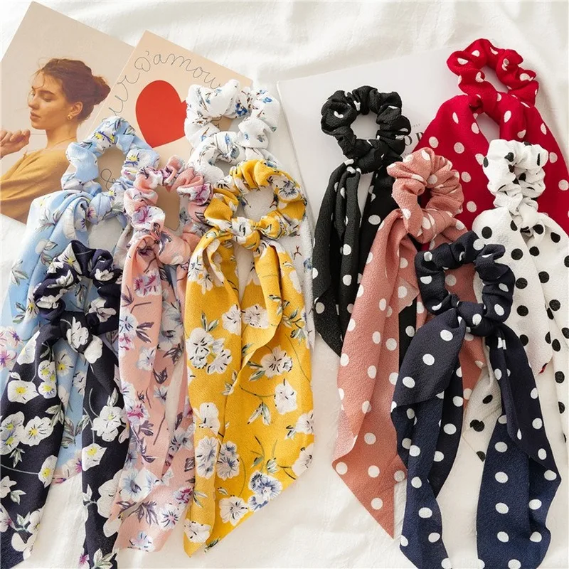 Fasihon Dot Ribbon Hair Scrunchies for Women Hair Ring Female Ponytail Chiffon Fabric Ribbon Hair Ties  Korean Hair Accessories