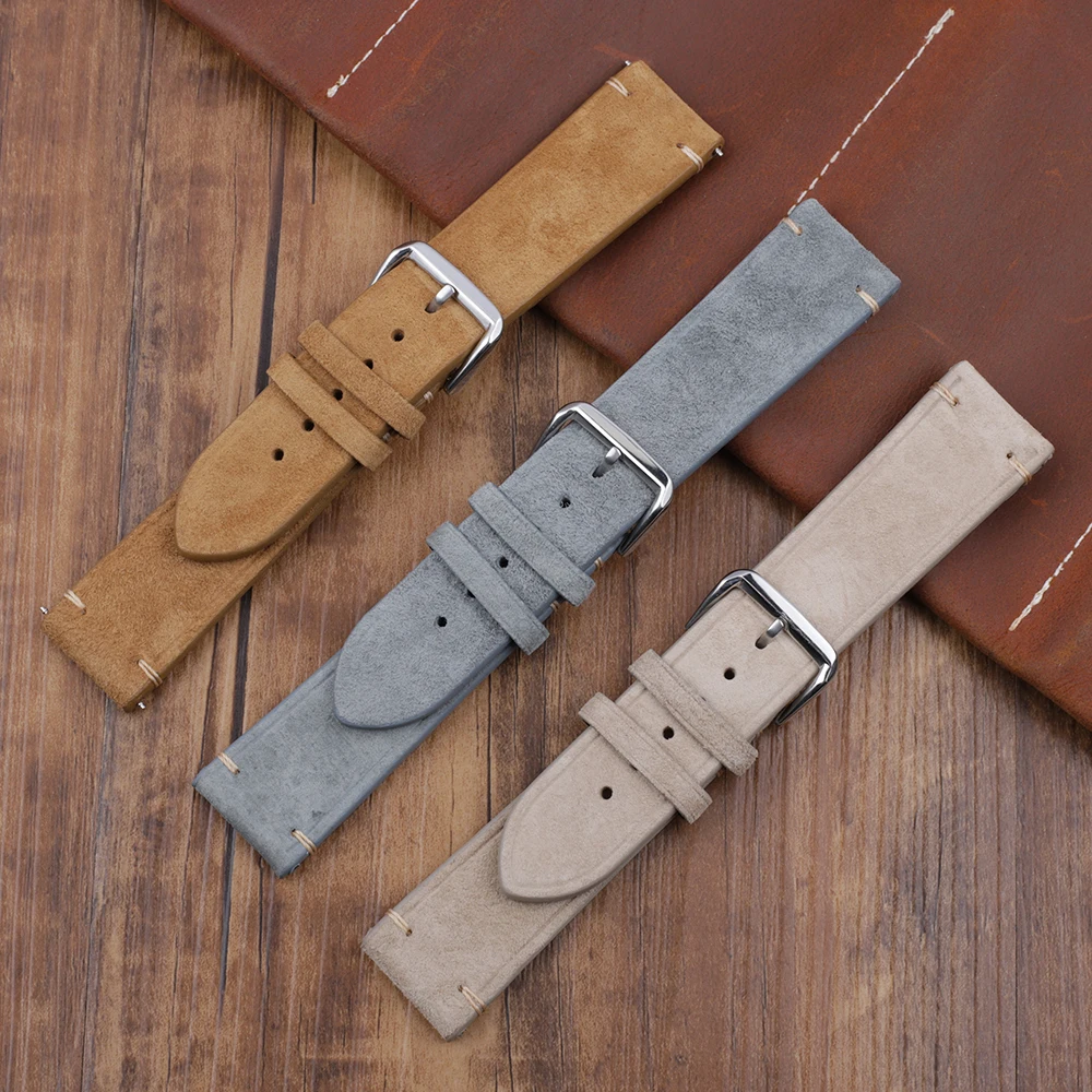 Handmade Leather Watchband 18mm 20mm 22mm 24mm Vintage Suede Watch StrapReplacement Tan Gray Beige Color for Men Women Watches