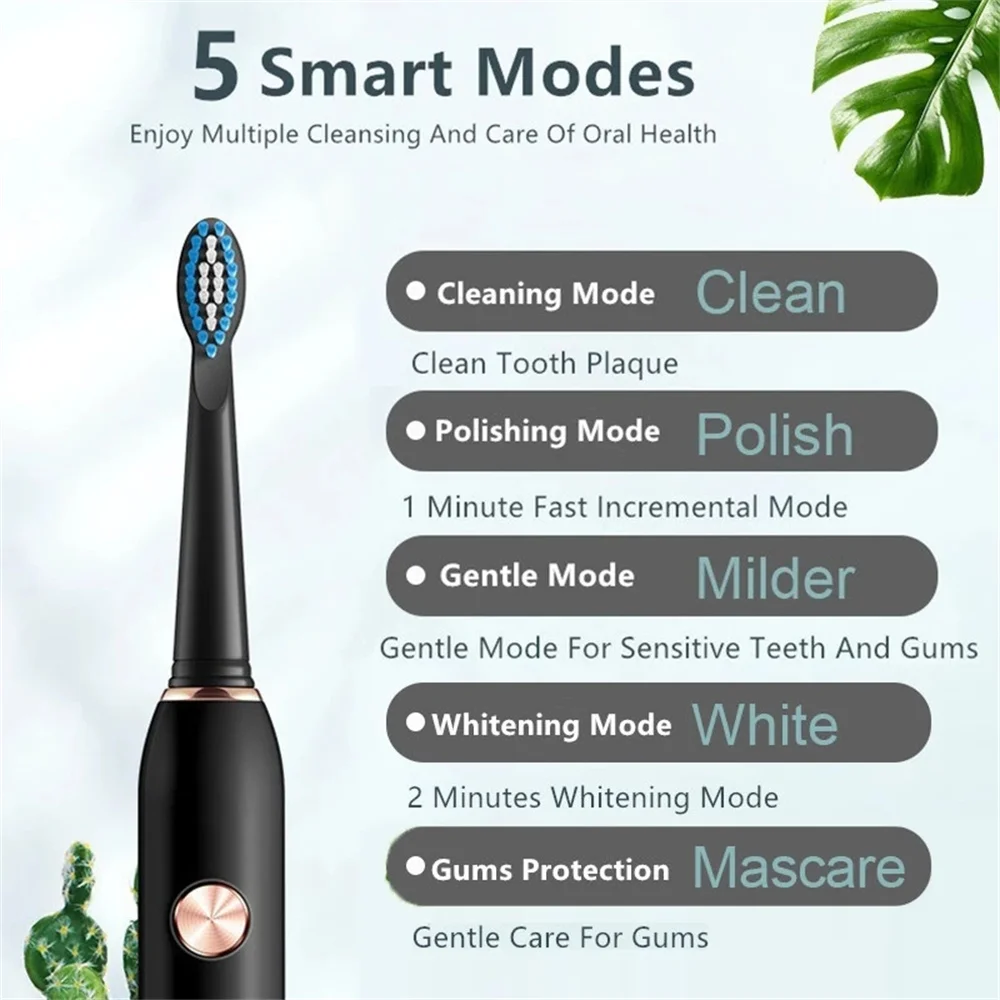 5 스마트 모드 소닉 전동 칫솔 지능형 시간 알림 전기 칫솔 USB 충전 음향 여행 칫솔