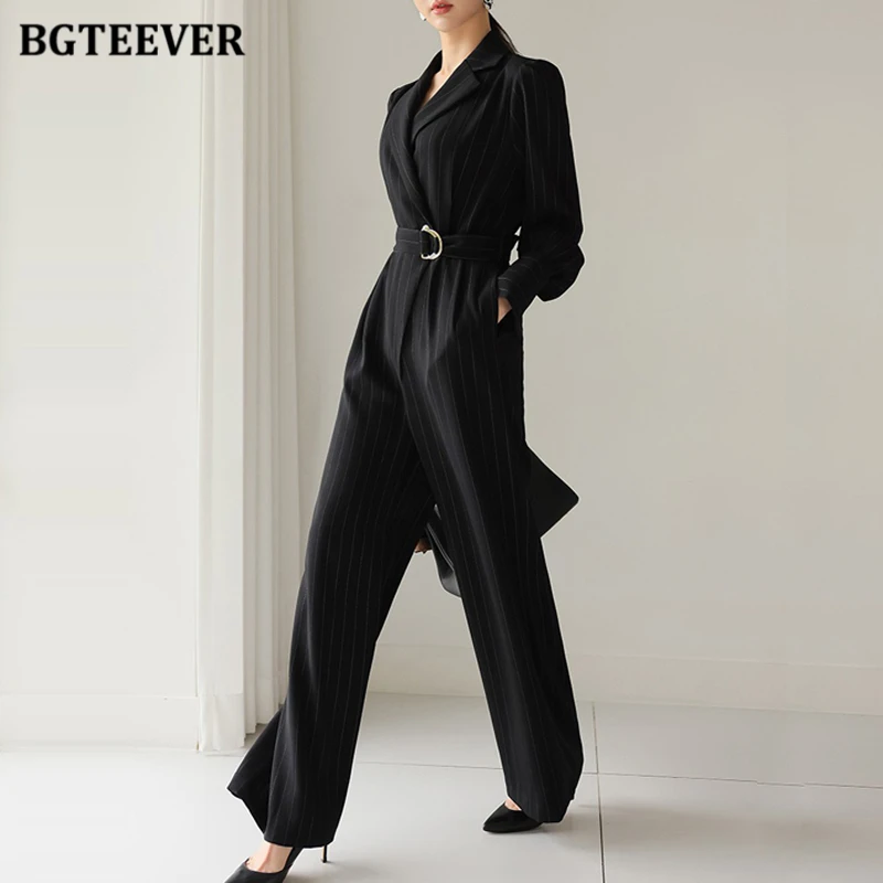 BGTEEVER Stylish Notched Collar Striped Women Playsuits Autumn Fashion Long Sleeve Belted Female Wide Leg Overalls Jumpsuits