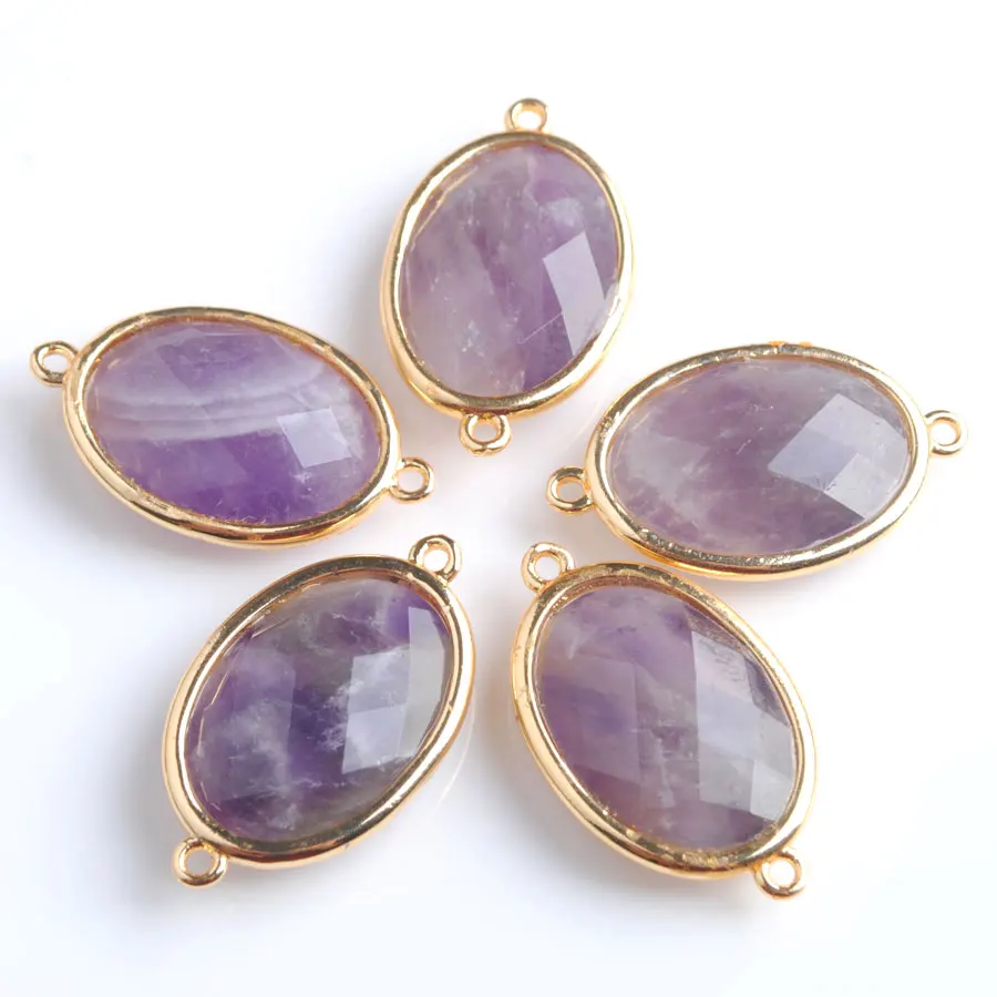 10pcs Shiny Oval Faceted Natural Amethysts Stone Beads Two Hole Connector for Female Homme Jewelry Making Z9066