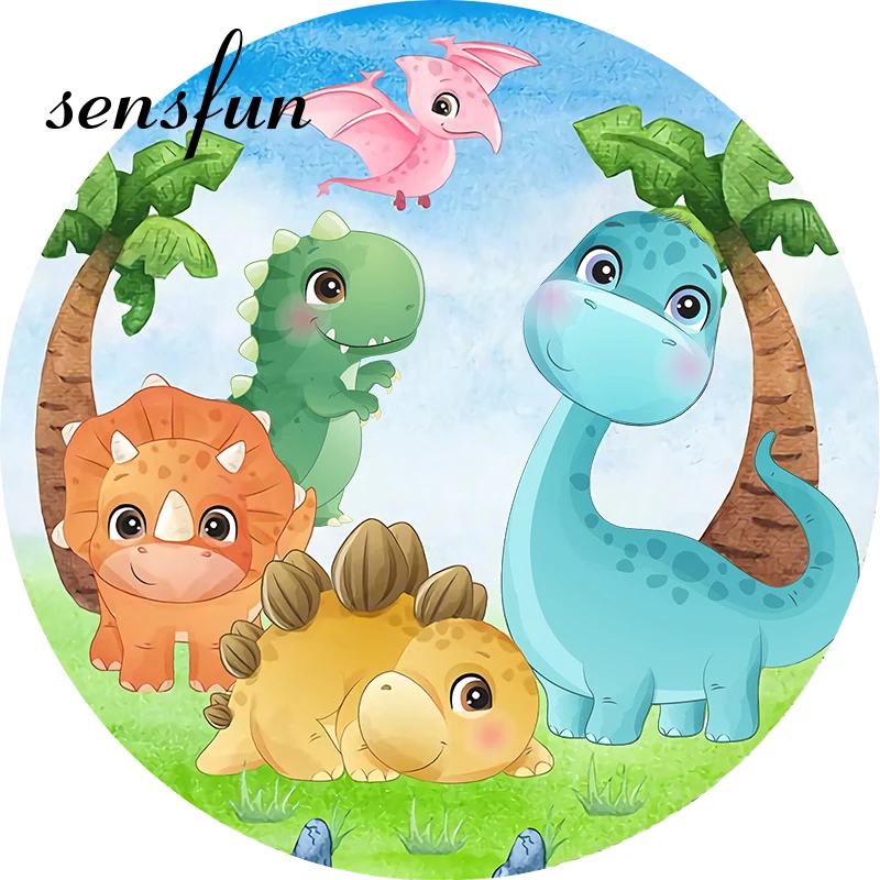 Sensfun Cute Cartoon Dinosaur Party Round Backdrop Cover Kids 1st BirthdayCircle Photography Background Plinth Covers Custom