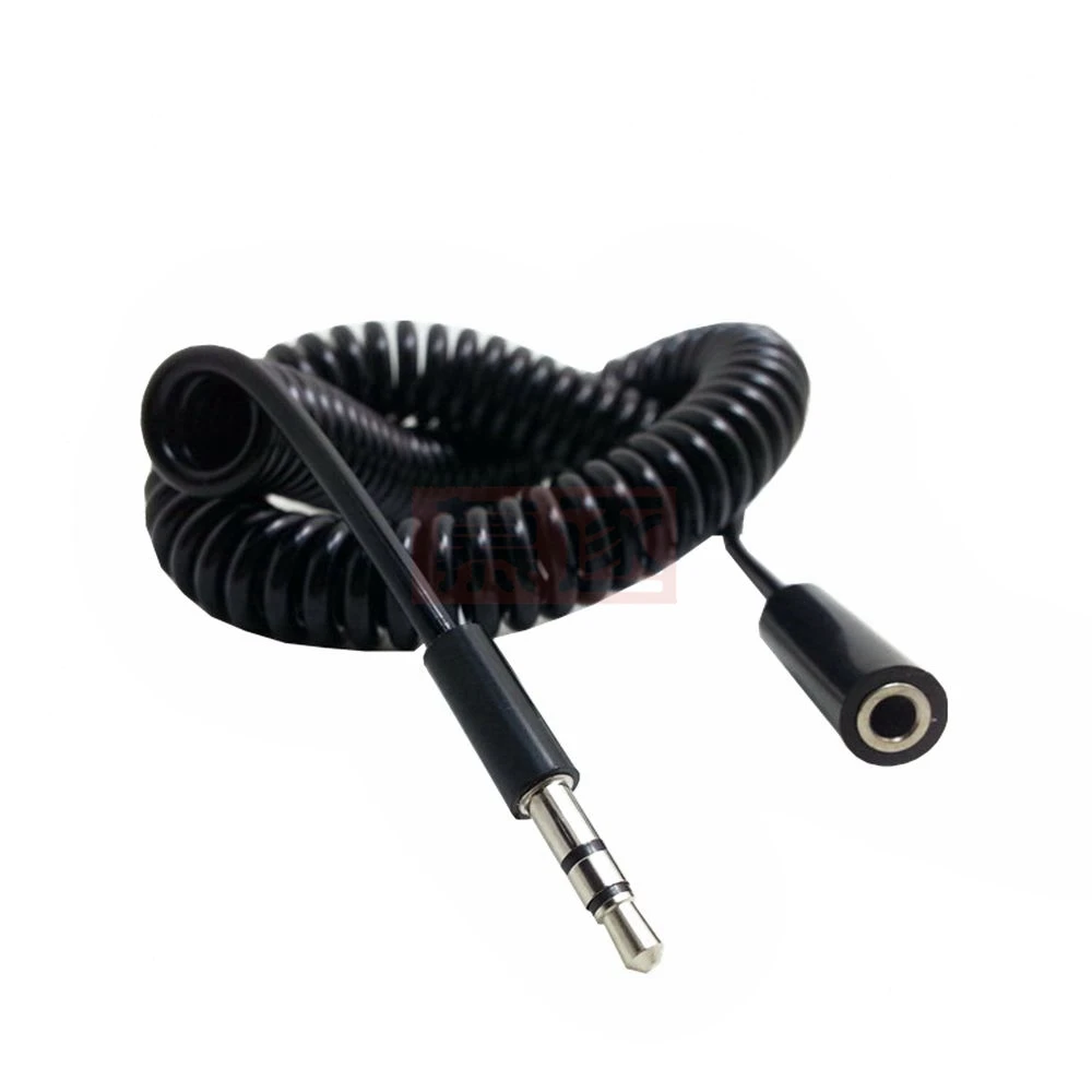 Cabo de áudio macho para macho, fone de ouvido jack preto 3/10tf de 4 polos enrolado com mola 3.5mm, cabo auxiliar de áudio com microfone