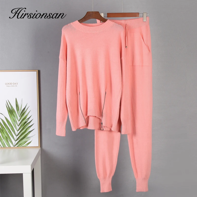 Hirsionsan Elegant Cashmere Knitted Sets Women 2023 Winter Warm Basicl Two Pieces Loose Sweater and Harem Pants Female Tracksuit