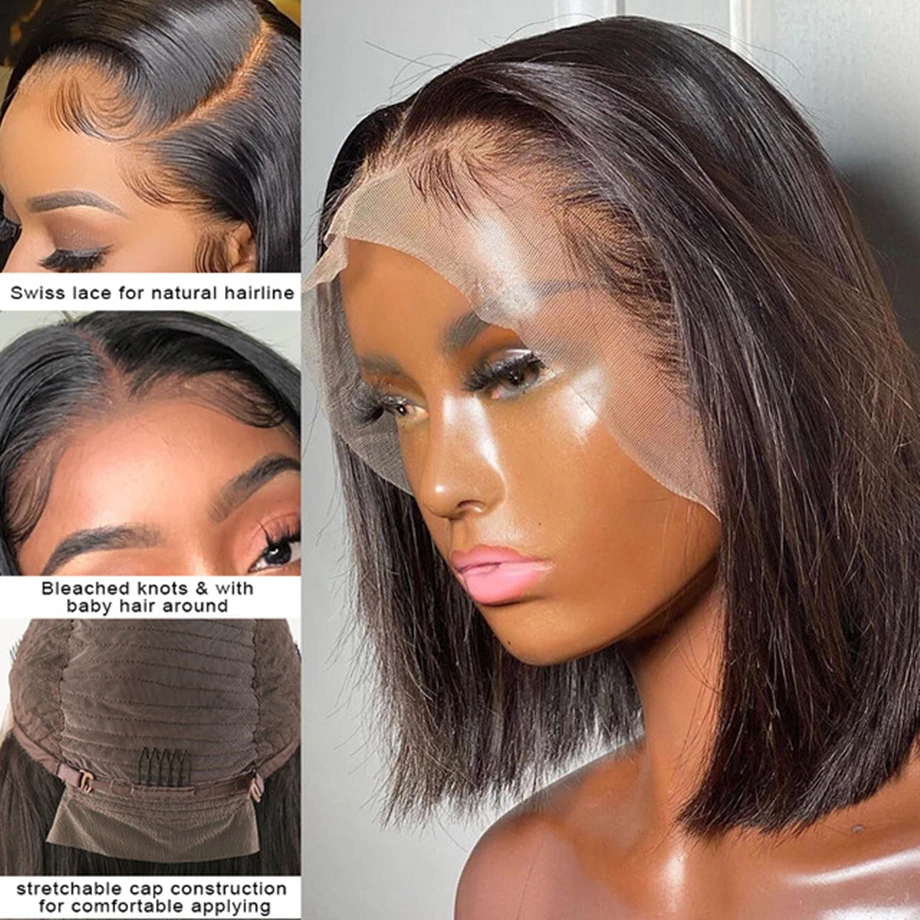 Short Bob Wig Straight T Part Lace Human Hair Wigs for Black Women Pre Plucked Transparent Frontal Brazilian Cheap Closure Wig