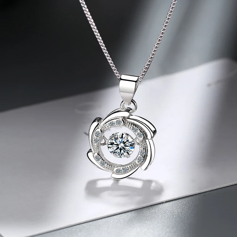 New Fashion Round Whirl CZ Pendants Chains Women Necklace 925 Sterling Silver Jewelry Windmill Will Dance Rhinestone Choker Neck