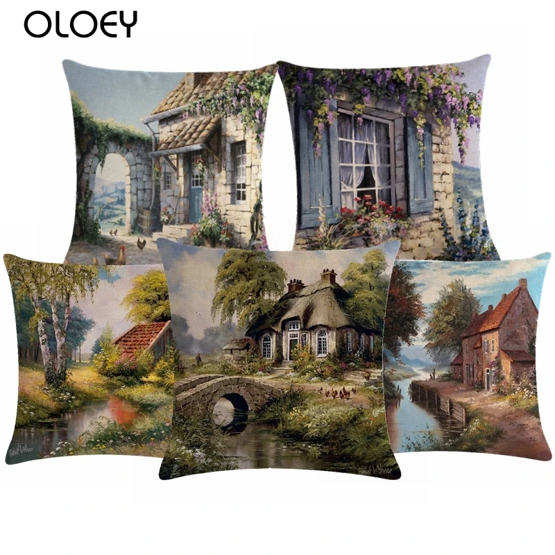 Country Scenery Oil Painting Printing Cushion Cover Linen Cotton Living Room Garden Decoration Throw Pillow Case