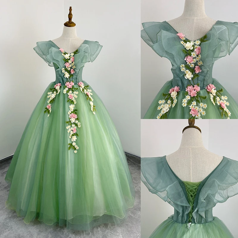 Green Quinceanera Dress Elegant V-neck Party Prom Ball Gown Sleeveless Sweet Floral Print Quinceanera Dresses Plus Size Vestidos