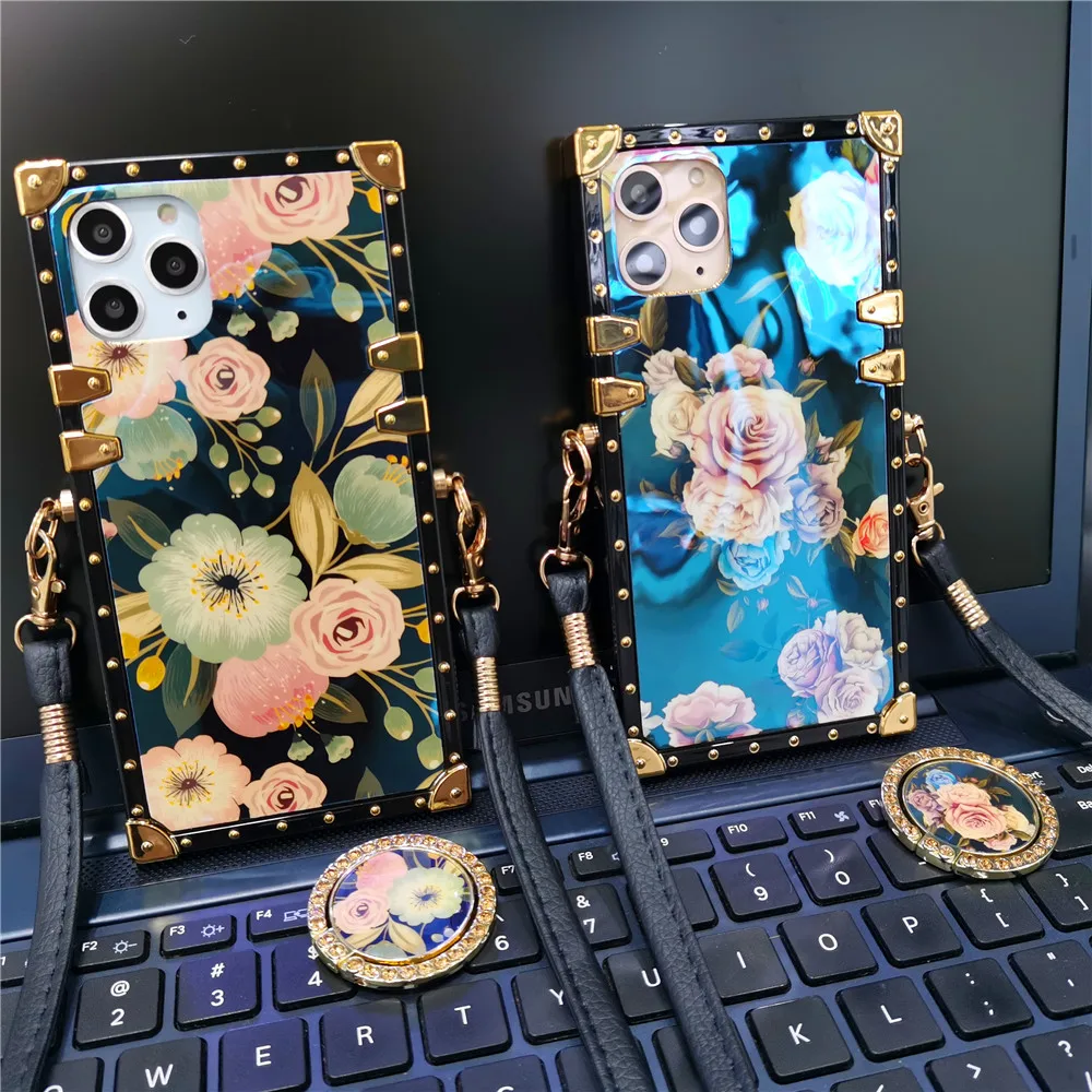 Luxury Floral Flower Woman Cover Rope Lanyard Case for Samsung Galaxy S24 Ultra S22 Plus S21 S23 FE S10 S20 S9 Note 20 10 9 8